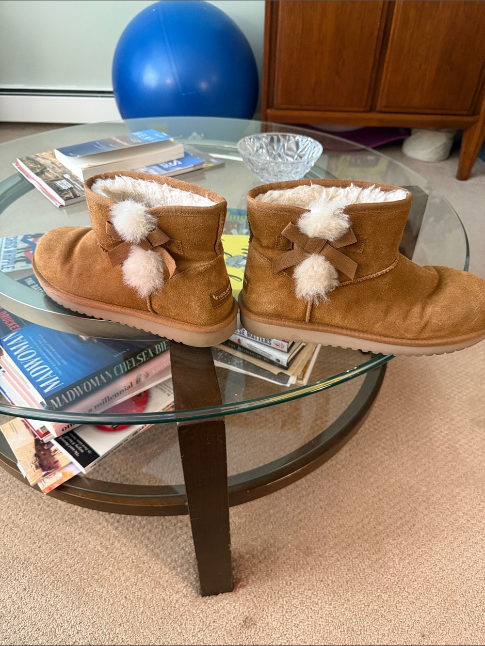 UGG Chestnut Suede Plush Lined Ankle Booties with Pom Pom Bows